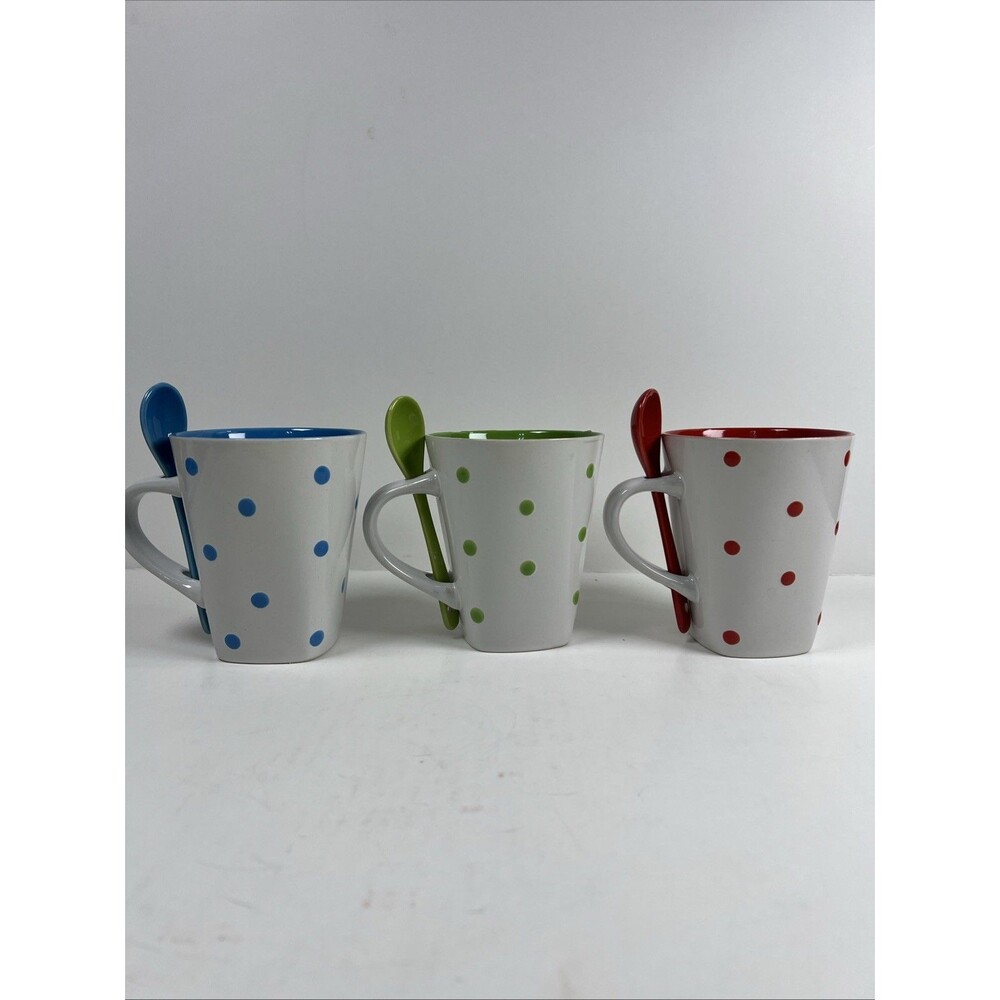 Ceramic Cups Polka Dots Matching Spoons Colorful Playful Set of 3